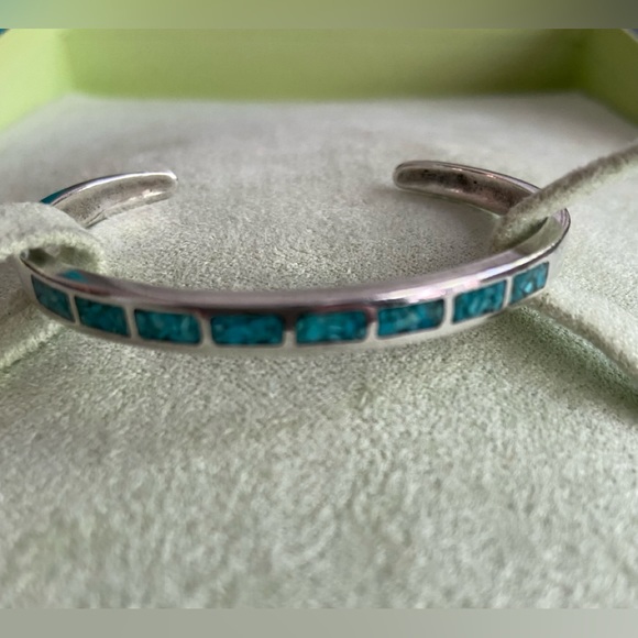 VTG Genuine Silver with Inlaid Turquoise Cuff Bracelet - Picture 1 of 6